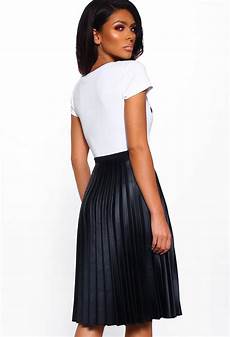 Pu Black Pleated Midi Skirt