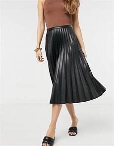 Pu Black Pleated Midi Skirt