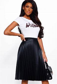 Pu Black Pleated Midi Skirt